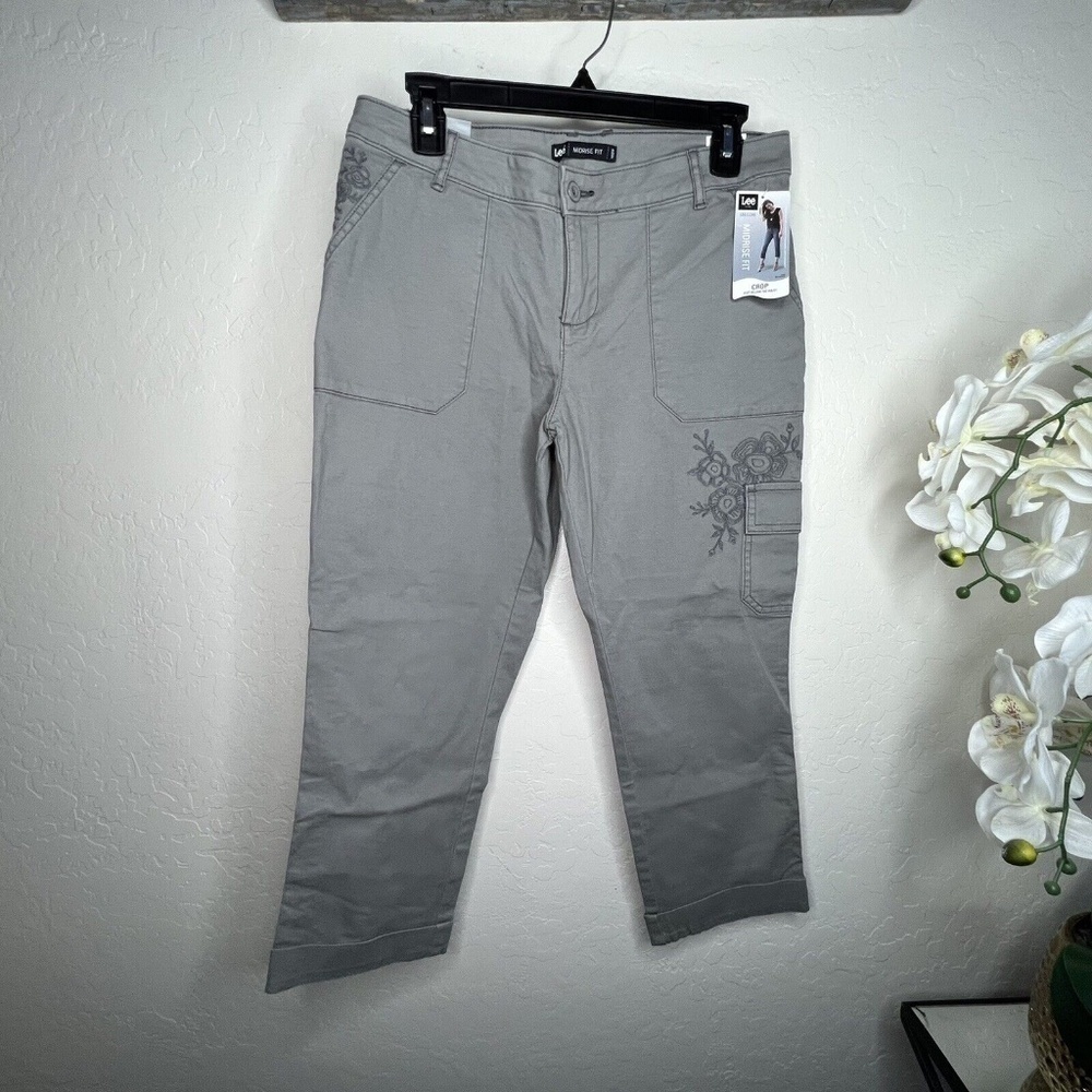 lee womens midrise fit storm grey crop pants 8 M